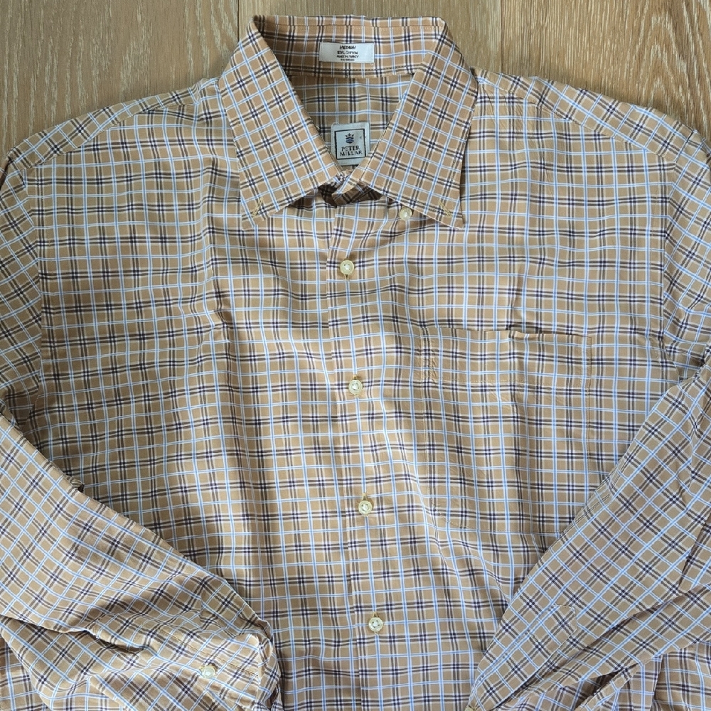 Peter Millar Tan and White Casual Button Down Shirt